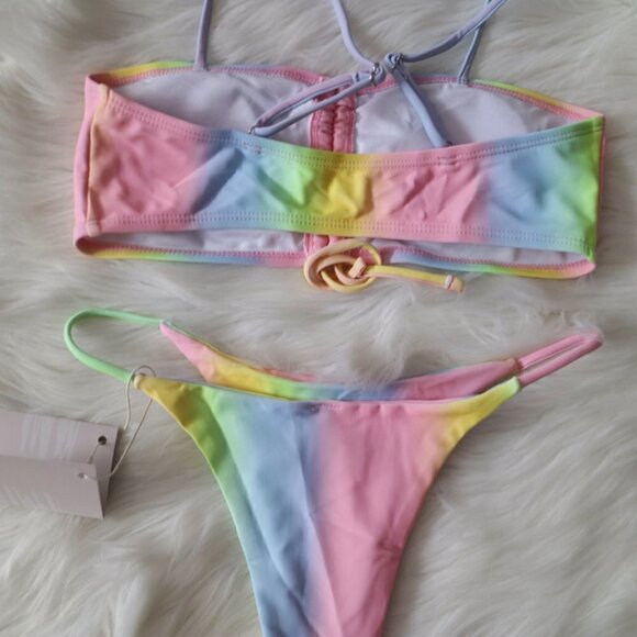 NWT Pink Blue Yellow Green Multicolor Bikini Bathing Suit Set Size Medium - Picture 7 of 8